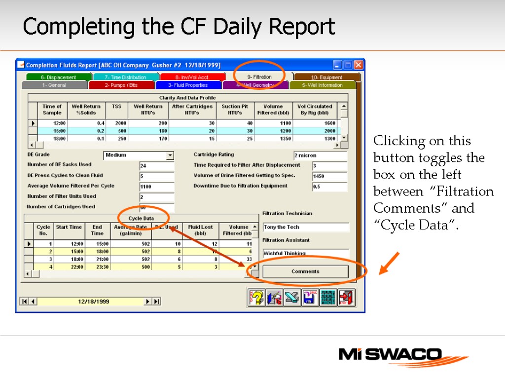 Completing the CF Daily Report Clicking on this button toggles the box on the